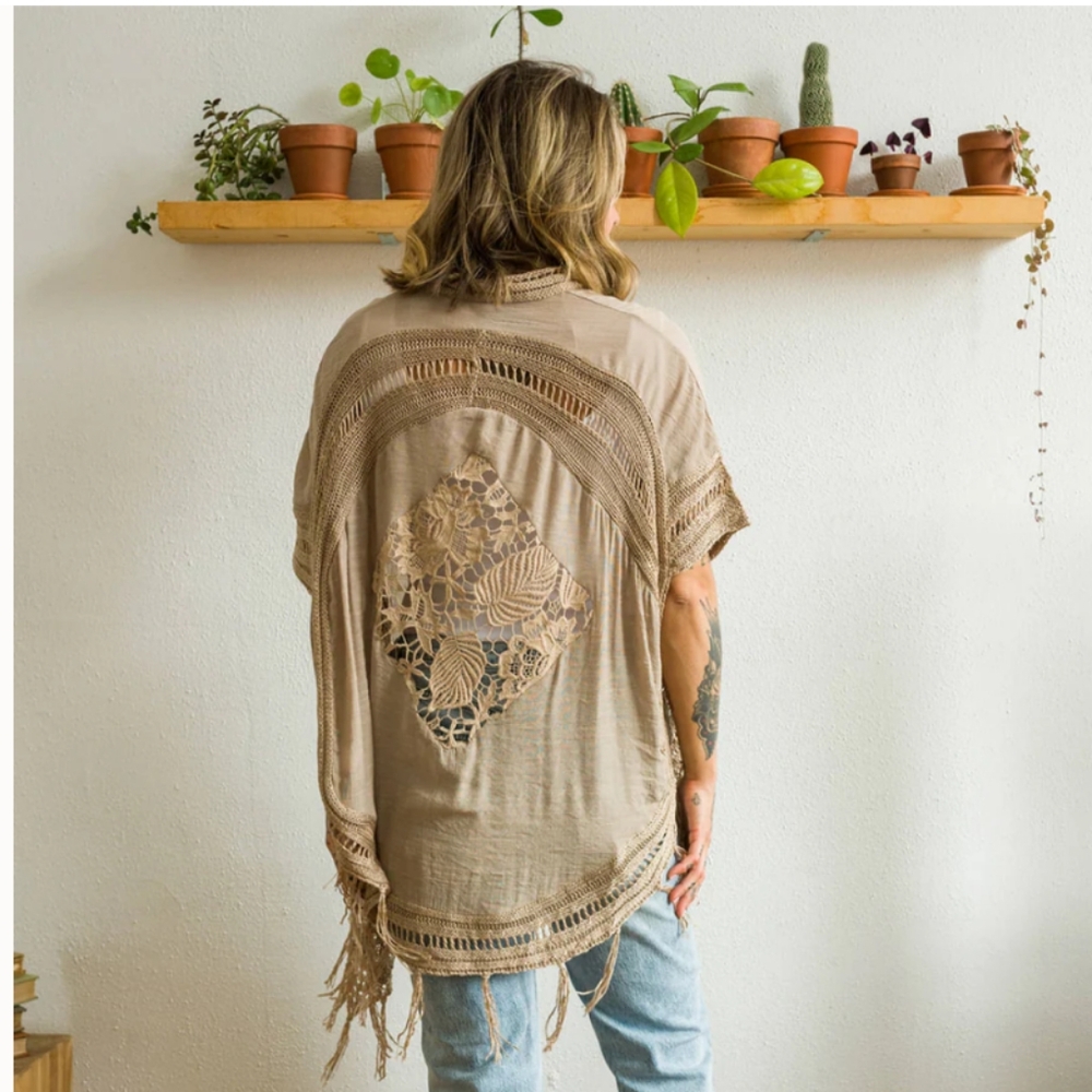 Miracle ~ Tan (Mocha) Crochet Fringe Kimono Size M/L